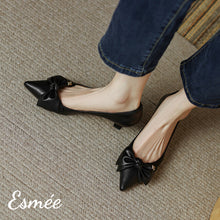 Load image into Gallery viewer, Black-Lambskin-Leather-High-Heels-with-Bow-Knot-Design-model-shots