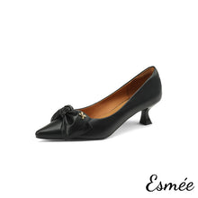 Load image into Gallery viewer, Black-Lambskin-Leather-High-Heels-with-Bow-Knot-Design-product-shots-white-background