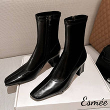 Load image into Gallery viewer, Black-Leather-Ankle-Boots-with-7cm-Block-Heels-product-shots