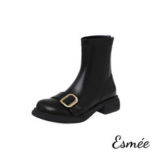 Load image into Gallery viewer, Black-Leather-Ankle-Boots-with-Metal-Buckle-Design-product-shots-white-background