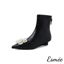 Load image into Gallery viewer, Black-Leather-Ankle-Boots-with-Mini-Pearl-Flower-Design-product-shots-white-background