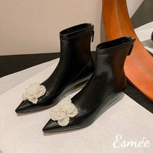 Load image into Gallery viewer, Black-Leather-Ankle-Boots-with-Mini-Pearl-Flower-Design-product-shots