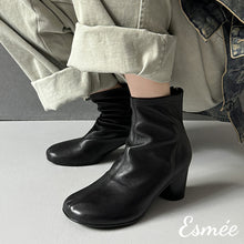 Load image into Gallery viewer, Black-Leather-Ankle-Boots-with-Round-Toe-and-Cylinder-Heels-model-shots
