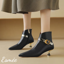Load image into Gallery viewer, Black-Leather-Ankle-Boots-with-Snake-Skin-Straps-model-shots