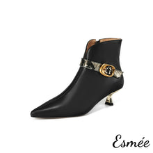 Load image into Gallery viewer, Black-Leather-Ankle-Boots-with-Snake-Skin-Straps-product-shots-white-background