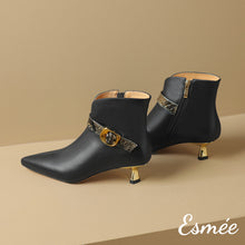 Load image into Gallery viewer, Black-Leather-Ankle-Boots-with-Snake-Skin-Straps-product-shots