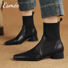 將圖片載入圖庫檢視器 Black-Leather-Ankle-Boots-with-Sock-Tube-Design-model-shots