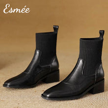 將圖片載入圖庫檢視器 Black-Leather-Ankle-Boots-with-Sock-Tube-Design-product-shots