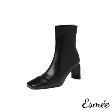 Load image into Gallery viewer, Black-Leather-Ankle-Boots-with-Thin-Block-Heels-product-shots-white-background