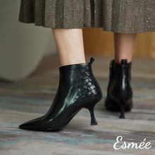 Load image into Gallery viewer, Black-Leather-Ankle-Boots-with-Woven-Design-model-shots