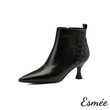 Load image into Gallery viewer, Black-Leather-Ankle-Boots-with-Woven-Design-product-shots-white-background