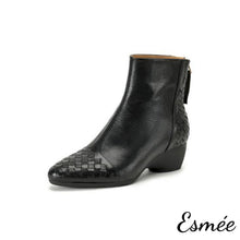 將圖片載入圖庫檢視器 Black-Leather-Ankle-Boots-with-Woven-Toe-Cap-Design-product-shots-whhite-background