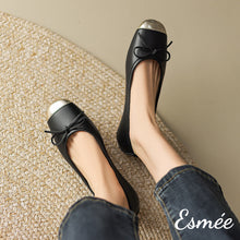 Load image into Gallery viewer, Black-Leather-Ballet-Flats-with-Bow-Knot-and-Metallic-Toe-Cap-model-shots