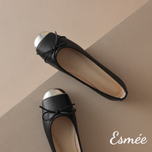 Load image into Gallery viewer, Black-Leather-Ballet-Flats-with-Bow-Knot-and-Metallic-Toe-Cap-product-shots