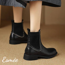 Load image into Gallery viewer, Black-Leather-Chelsea-Boots-with-Rhinestone-Design-model-shots