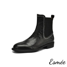 Load image into Gallery viewer, Black-Leather-Chelsea-Boots-with-Rhinestone-Design-product-shots-white-background