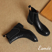 Load image into Gallery viewer, Black-Leather-Chelsea-Boots-with-Rhinestone-Design-product-shots