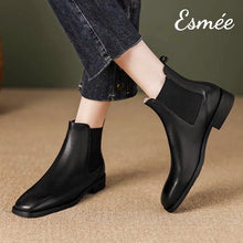 Load image into Gallery viewer, Black-Leather-Chelsea-Boots-with-Squared-Toe-Design-model-shots