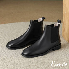 Load image into Gallery viewer, Black-Leather-Chelsea-Boots-with-Squared-Toe-Design-product-shots