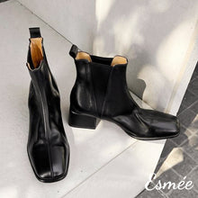 將圖片載入圖庫檢視器 Black-Leather-Chelsea-Boots-with-V-Shaped-Ribbon-and-Squared-Toe-Design-product-shots