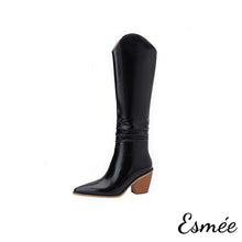 Load image into Gallery viewer, Black-Leather-Cowboy-Long-Boots-with-Block-Heels-product-shots-white-background