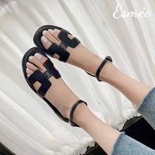 Load image into Gallery viewer, Black-Leather-Flat-Sandals-with-Ankle-Straps-model-shots