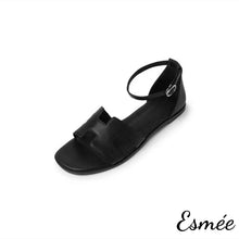 Load image into Gallery viewer, Black-Leather-Flat-Sandals-with-Ankle-Straps-product-shots-white-background