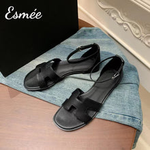 Load image into Gallery viewer, Black-Leather-Flat-Sandals-with-Ankle-Straps-product-shots