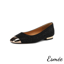 將圖片載入圖庫檢視器 Black-Leather-Flats-with-Bead-and-Golden-Toe-Cap-Design-product-shots-white-background