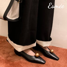 Load image into Gallery viewer, Black-Leather-Flats-with-Golden-Sphere-Design-model-shots