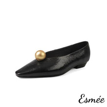 Load image into Gallery viewer, Black-Leather-Flats-with-Golden-Sphere-Design-product-shots-white-background