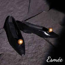 Load image into Gallery viewer, Black-Leather-Flats-with-Golden-Sphere-Design-product-shots