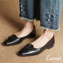 Load image into Gallery viewer, Black-Leather-Flats-with-Handmade-Flower-Design-model-shots