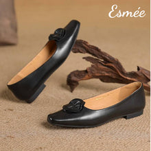 Load image into Gallery viewer, Black-Leather-Flats-with-Handmade-Flower-Design-product-shots