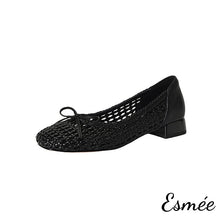 將圖片載入圖庫檢視器 Black-Leather-Flats-with-Net-Design-and-Bow-Knot-product-shot-white-background