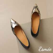 將圖片載入圖庫檢視器     Black-Leather-Flats-with-Snake-Leather-Toe-Cap-product-shots