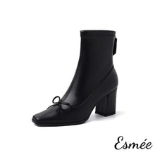 將圖片載入圖庫檢視器 Black-Leather-High-Heel-Ankle-Boots-with-Bow-Knot-Design-product-shots-white-background