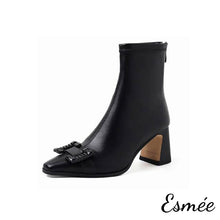 將圖片載入圖庫檢視器 Black-Leather-High-Heel-Ankle-Boots-with-Buckle-Design-product-shots-white-background