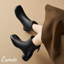 Load image into Gallery viewer, Black-Leather-High-Heel-Ankle-Boots-with-Cloven-Design-model-shots