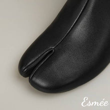 Load image into Gallery viewer, Black-Leather-High-Heel-Ankle-Boots-with-Cloven-Design-product-shots-detail