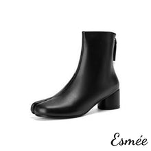 Load image into Gallery viewer, Black-Leather-High-Heel-Ankle-Boots-with-Cloven-Design-product-shots-white-background