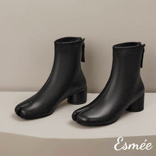 Load image into Gallery viewer, Black-Leather-High-Heel-Ankle-Boots-with-Cloven-Design-product-shots