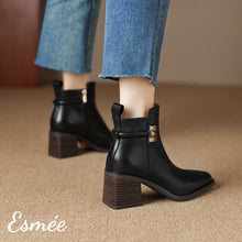 Load image into Gallery viewer, Black-Leather-High-Heel-Ankle-Boots-with-Metal-Buckle-Design-model-shots