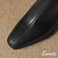 Load image into Gallery viewer, Black-Leather-High-Heel-Ankle-Boots-with-Metal-Buckle-Design-product-shots-detail1