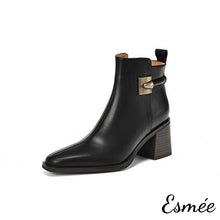Load image into Gallery viewer, Black-Leather-High-Heel-Ankle-Boots-with-Metal-Buckle-Design-product-shots-white-background