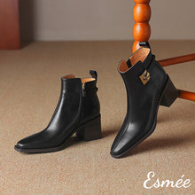 Load image into Gallery viewer, Black-Leather-High-Heel-Ankle-Boots-with-Metal-Buckle-Design-product-shots