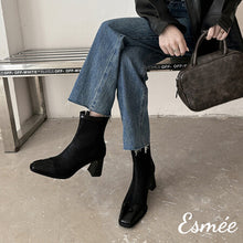 Load image into Gallery viewer, Black-Leather-High-Heel-Ankle-Boots-with-Patent-Leather-Toe-Cap-model-shots