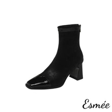 Load image into Gallery viewer, Black-Leather-High-Heel-Ankle-Boots-with-Patent-Leather-Toe-Cap-product-shots-white-background