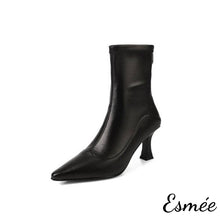 將圖片載入圖庫檢視器 Black-Leather-High-Heel-Ankle-Boots-with-Pointy-Toe-Design-product-shots-white-background