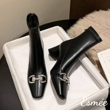 將圖片載入圖庫檢視器 Black-Leather-High-Heel-Ankle-Boots-with-Rhinestone-Horse-bit-Design-product-shots
